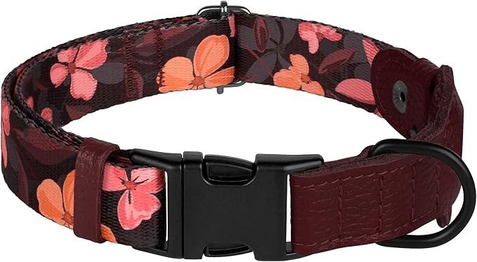 AirTag Dog Collar with Metal Buckle - Soft Leather Printed Nylon Dog Collar with Apple AirTag Holder - Cute Tracking GPS Pet Collars for Girl Boy Small Large Dogs (M, 14"-18" Neck Fit, Crossandra)