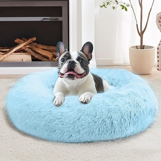 JOLLYVOGUE Calming Dog & Cat Bed for Large Dogs, Anti-Anxiety Donut Cuddler Cozy Soft Round Bed with Anti-Slip Bottom, Fluffy Faux Fur Plush Cushion Beds for Medium Dogs (36")