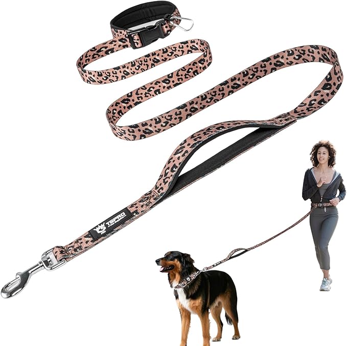 TSPRO Hands Free Dog Leash for Medium to Large Dogs, Adjustable Durable Leash with Comfortable Safety Padded Handle, Heavy Duty Metal Clasp for Walking, Running, Training (Leopard Print)