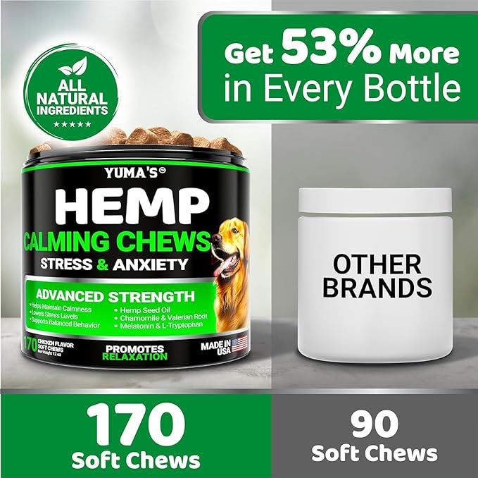 YUMA'S (2 Pack) Hemp Calming Chews for Dogs - Advanced Dog Calming Chews - Anxiety Relief Treats - Separation Aid, Barking, Stress Relief, Thunderstorms - Melatonin - Hemp Oil - Made in USA