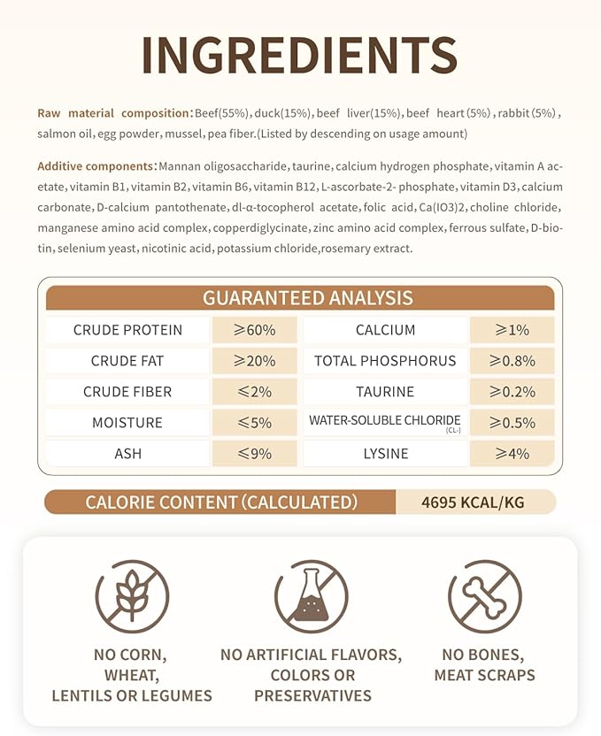 Freeze-Dried Raw Cat Food, 97% Animal Origin Dry Food for Cat, High Protein Treat & Topper (Beef Recipe - 2.1 Ounce)