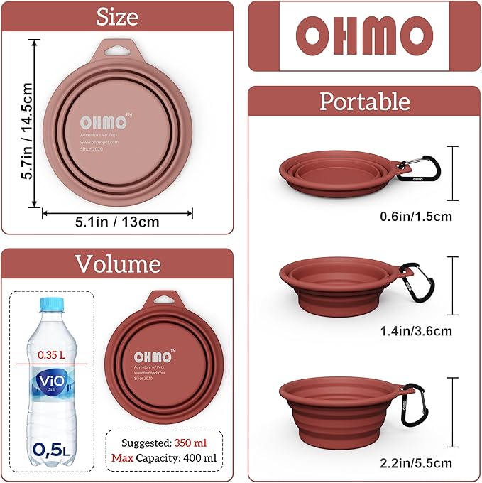 OHMO Collapsible Dog Bowl(2 Pack, 12oz/400ml) Premium Silicone Pet Water Bowls for Cats & Dogs, Portable Dog Travel Bowls Foldable for Outdoor Camping Hiking