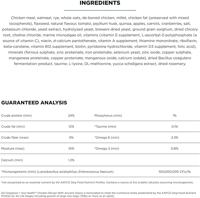 Go! Solutions Digestion + Gut Health, Dry Dog Food, Chicken Recipe with Ancient Grains, 12 lb Bag