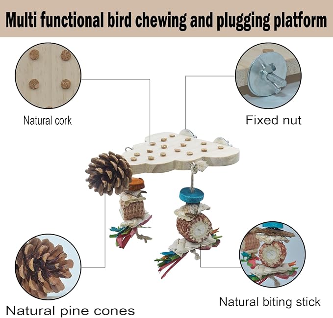 Parrot Toys, Parrot Wooden Bird Toys, Long Tailed Parrot Toys with Pure Natural Corn Sticks, Small and Medium-Sized Parrot Toys with Pure Natural Pine Cones, Fun Bird Cage Accessories