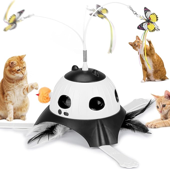 3-in-1 Automatic Cat Toys for Indoor Cats, Fluttering Butterfly, Whack a Mole, Rotating Feather Wand, USB Rechargeable Interactive Feather Toys for Multi-cat Family (Black)