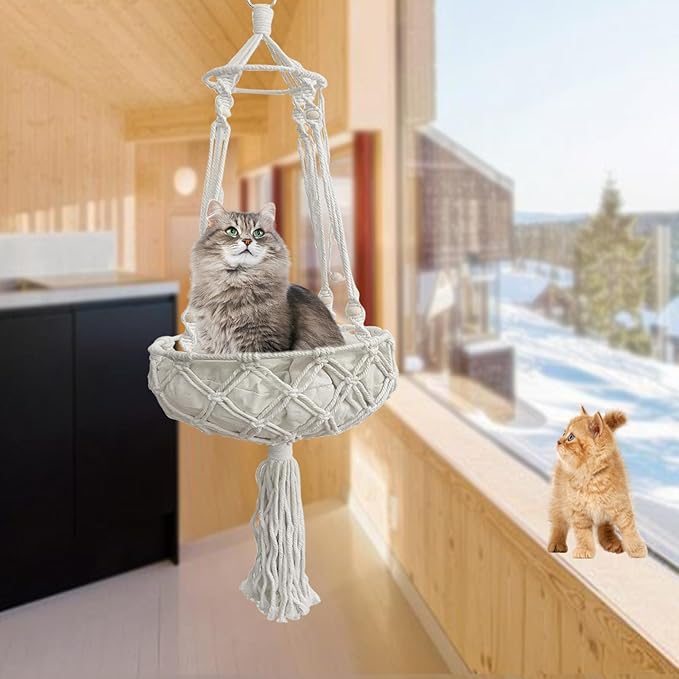 kathson Macrame Cat Hammock with Cushion,Handwoven Cats Bed,Hanging Indoor Boho Kitten Swing Beds for Playing Sleeping Climbing and Lounging(XL)