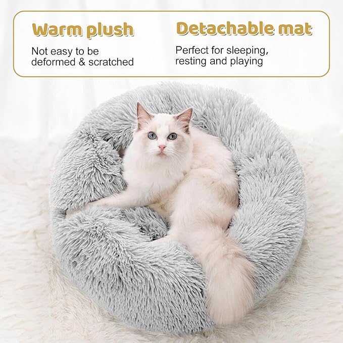 Odoland Cat Tunnel Bed with 20 Cat Toys - Indoor Plush Kitten Couch, Detachable Cats Cave Donut Tunnel & Soft Kitten Toy Set - Cozy Cat Furniture, White