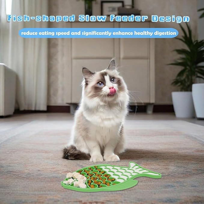 2 Pack Slow Feeder Cat Bowls, Fish-Shaped Silicone Puzzle Kitten Puppy Dog Feeders Non-Slip Design Lick Mat for Healthy Eatting,Treats Boredom Anxiety Reduction Reducer [Blue,Green]