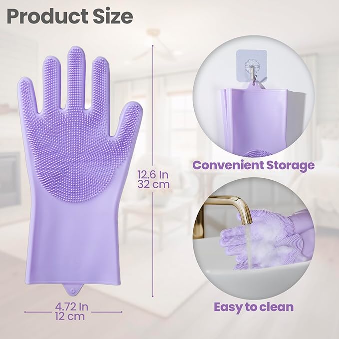 DELOMO Dog Washing Gloves 1 Pair: Soft and Gentle Silicone Pet Grooming Gloves - Bathing Scrubber Brush Mitt Grooming Shedding Fur Removal Massage for Dogs/Cats/Horse, Purple