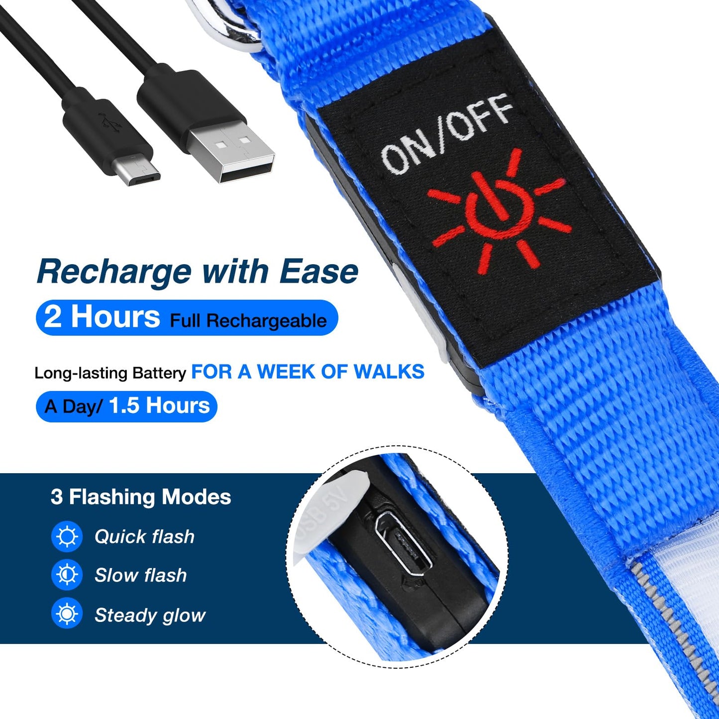 PZRLit LED Light Up Dog Leash - 4 Ft USB Rechargeable Reflective Nylon Leash with Padded Handle - Flashing Luminous Glow Leashes for Large Medium Pets Night Safety Walking-Blue