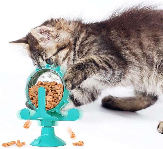 iplusmile Interactive Cat Treats Dispenser Toy, 360° Rotating Windmill Toys, Fun Pet Cat Food Puzzle Toy for Bored Indoor, Exercise Wheel Feeder Toy with Suction Cup, Blue