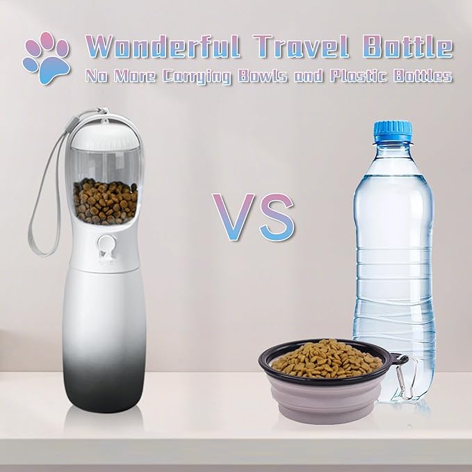 Portable Dog Water Bottles, 2-in-1 Food Grade Pet Water Bottle with Food Container, Large Capacity Dog Water Dispenser, Outdoor Dog Accessories for Camping, Dog Gifts (19Oz, Black&White)