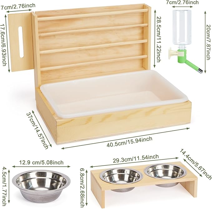 Rabbit Hay Feeder with Litter Box, Small Animals Hay Rack with Water Bottle, and 2 Bowls, Wooden Bunny Hay Holder Feeder Toilet Combo for Rabbit, Guinea Pig, Hamster, Hedgehog, Chinchillas