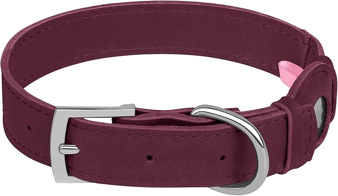 Leather Dog Collar with Airtag Holder - Apple AirTag Dog Collars - Soft Tracking Smart GPS Pet Collar for Small Medium Large Dogs Puppy (Burgundy, S, 9"-12" Neck Fit)