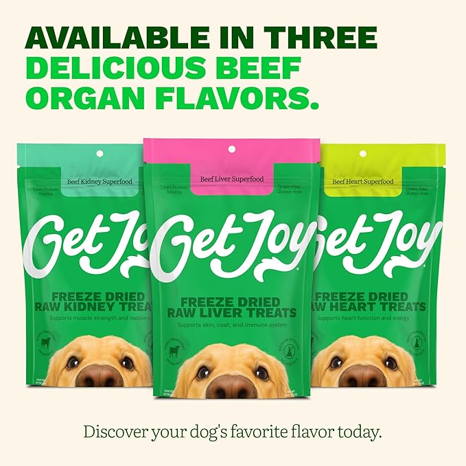 Get Joy Freeze Dried Superfood 100% Beef Liver Dog Treats, 4 Ounce Bag, Single Ingredient Organ Meat, High Protein, Vision, Skin & Coat Health, Muscle Repair, Grain Free, Gluten Free, Made in USA
