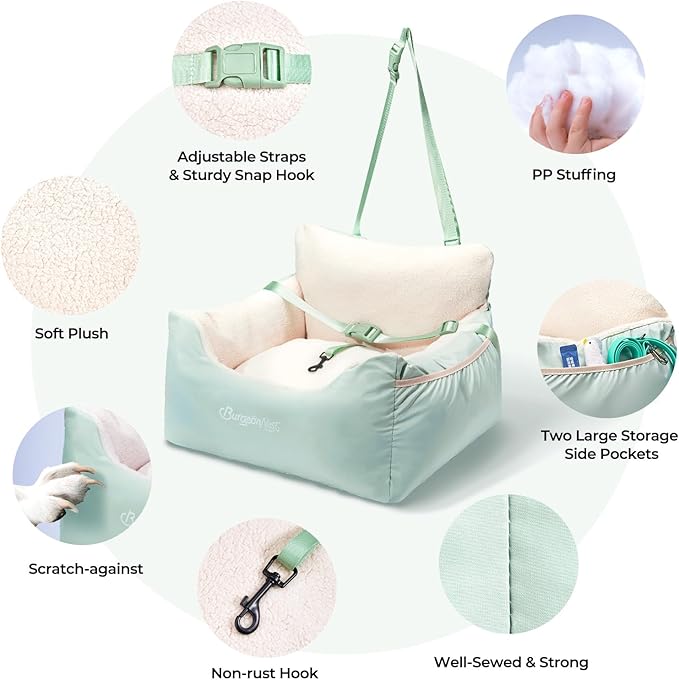 BurgeonNest Dog Car Seat for Small Dogs, Detachable and Washable Cat Carseats Under 25 lbs, Soft Pet Booster Seats with Storage Pockets and Clip-On Leash Portable Car Travel Carrier Bed, Beige Green