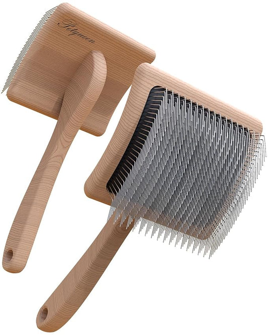 Dog Slicker Brush for Large Dogs, Professional Doodles Brush for Poodles, Goldendoodles and Labradoodles - Easy to Remove Tangles, Mats and Fluff - 3.8"x3.2" Head, 8" Wood Body