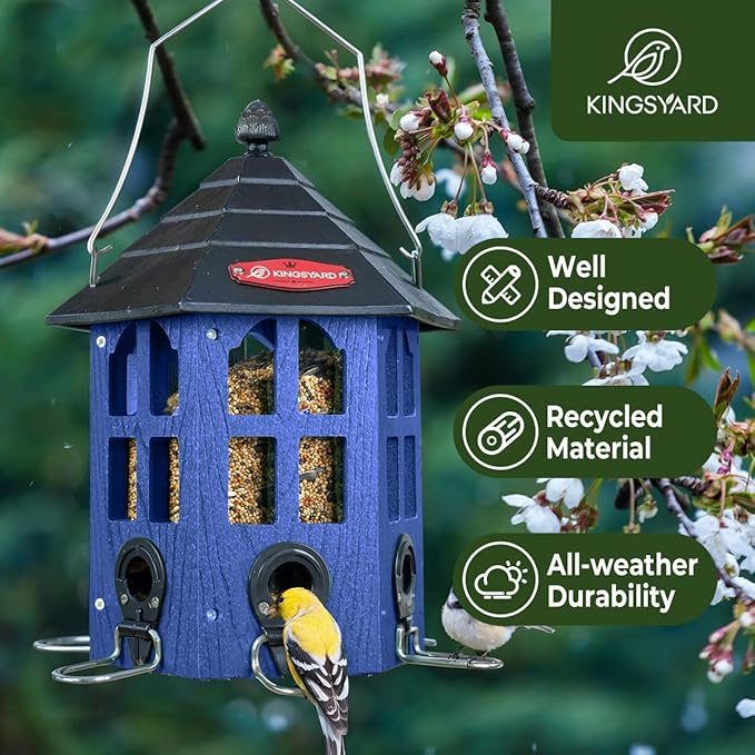 Kingsyard Wild Bird Feeder for Outdoor Hanging, Recycled Plastic Bird Feeders with 6 Ports & U-Shape Perch, Garden Yard Outside Decoration, 3.5 lbs Seed Capacity, Blue