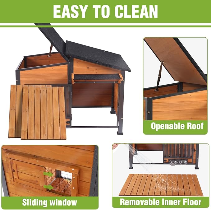 GUTINNEEN Outdoor Dog House Insulated Large Weatherproof Dog Shelter with Chew-Proof Full Metal Frame, 360° Rotatable Spill-Proof Bowl, Openable Roof, Removable Inner Floor for Dogs