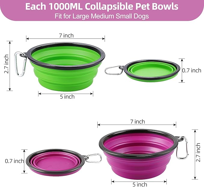 Kytely Large Collapsible Dog Bowls 2 Pack, 34oz Foldable Dog Travel Bowl, Portable Pet Water Food Bowl with Clasp, Pet Cat Feeding Cup Dish for Traveling, Walking, Hiking (Green+Purple)