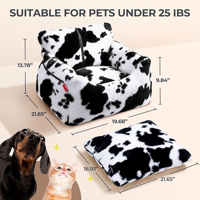 BurgeonNest Dog Car Seat for Small Dogs, Detachable and Washable Cat Carseats Under 25 lbs, Soft Pet Booster Seats with Storage Pockets and Clip-On Leash Portable Car Travel Carrier Bed, Milk Cow