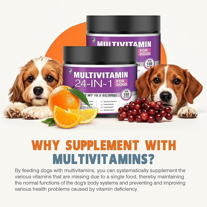 24-in-1 Dog Vitamins and Supplements 300 Ct Dogs Multivitamin Chewable Contain Chondroitin Probiotics Omega-3 Glucosamine for Dogs Skin Coat Heart Joint Gut Digestion Liver Brain Eyes Immune Support