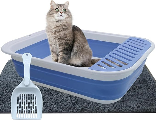 Collapsible Small Cat Litter Box,Open Top Cats Litter Pan with Scoop Foldable Shallow Kitten Potty Toilet Waterproof Cat Travel Litterbox Anti-Splashing Low Entry Semi-Enclosed Easy Clean(Blue)