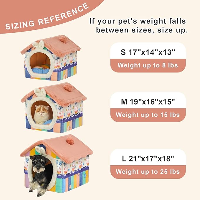 JIUPETY Cute Cat Houses for Indoor Cats, Dog Bed with Cover Cave, M Size Cat Cave Up to 15 Lbs Kittens and Puppy, Igloo Dog House with Non-Slip Bottom, Rainbow
