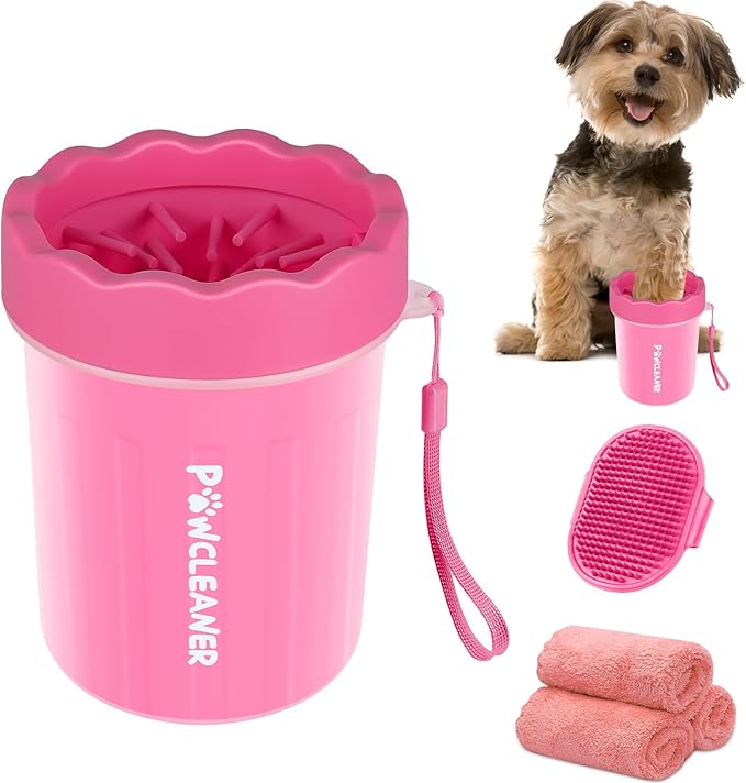 Comotech Portable Pet Foot Washer with Silicone Brush, 3 Absorbent Towels for Small Dogs (Pink)