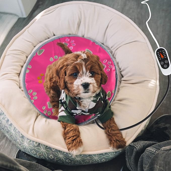 furrybaby Pet Heating Pad, Waterproof Dog Heating Pad Mat for Cat with Durable Anti-Bite Tube Indoor for Puppies Dogs Cats (1 Pack Pink, Round 12in, Temp Adjustable)