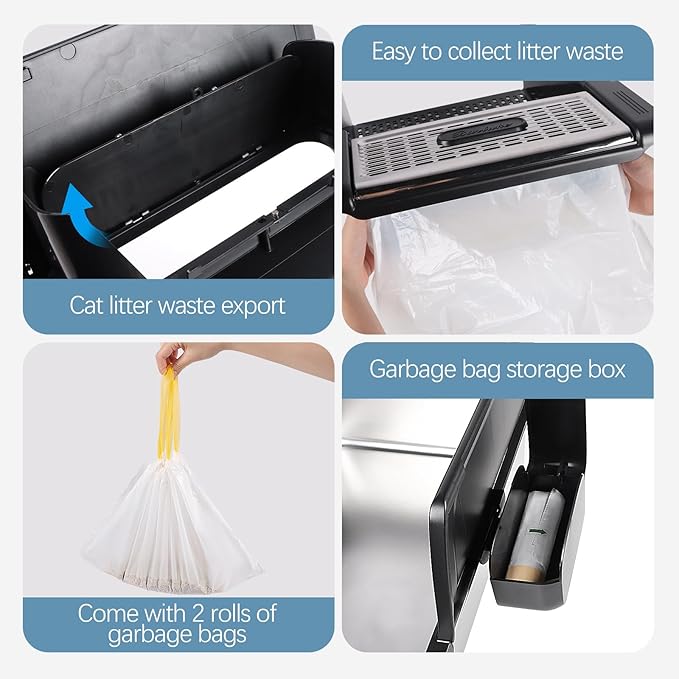 Stainless Steel Litter Box XXL, Extra Large 23.6“L x 15.8”W x 11.8" H High Sided Metal Cat Litter Box with One-Piece Scoop, Filter Pedal, Garbage Bags & Storage Box, Easy Cleaning (Black)