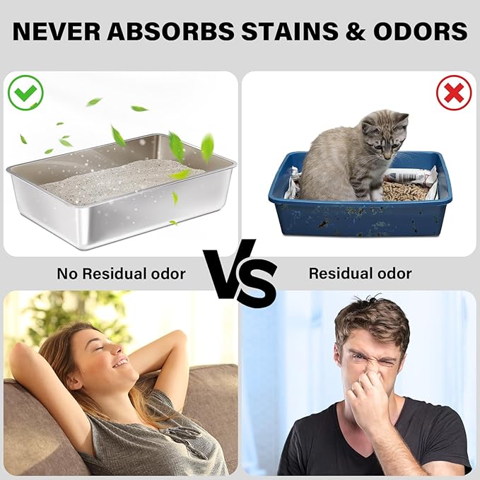 Stainless Steel Litter Box 2 Pack,Medium Metal Litter Box for Kitty/Cat/Rabbits, Easy to Clean, Non Stick Litterbox No Smell for Adult Cats