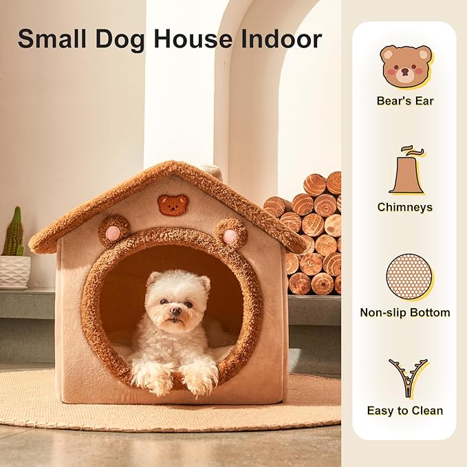 JIUPETY Dog House Dog Bed with Cover Cave with Non-Slip Bottom, M Size Tent Bed Up to 15 Lbs Cat and Puppy, Brown