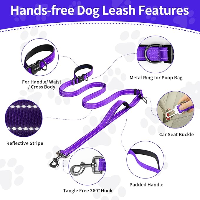 Hands-Free Dog Leash with Adjustable Length 6-9FT + Dual Padded Handles Reflective Safety for Walking, Jogging & Training | Suitable for Medium to Large Dogs & Puppies Purple-L