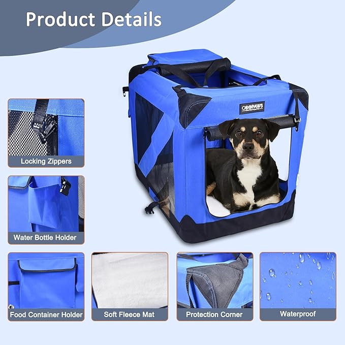 JESPET 36'' Soft Dog Crates Kennel for Pets, 3 Door Soft Sided Folding Travel Pet Carrier with Straps and Fleece Mat for Dogs, Cats, Rabbits, Grey Blue & Beige (36" L x 24" W x 27" H, Blue)