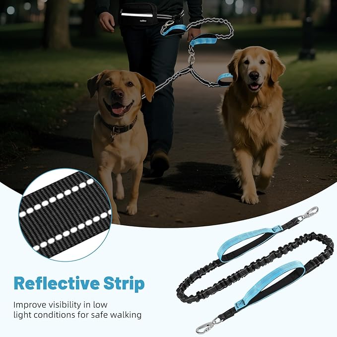 Hands Free Dog Leash, Shock Absorbing Waist Leash for Dog Walking, Jogging, Hiking, Adjustable Waist Belt with Fanny Pack & Handle, Reflective Pet Running Belt for 2 Small, Medium, Large Dogs