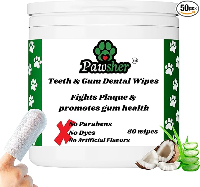 Dog Teeth Cleaning Wipes, Fights Plaque, Freshens Breath & Promotes Gum Health, No-Rinse Finger Toothbrush, Gentle & Naturally Safe, Completes Your Dog Tooth Brushing Kit, 50 Count