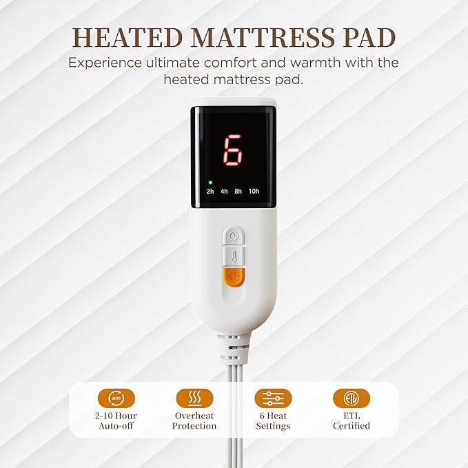 Heated Mattress Pad Queen Size-Dual Controllers Electric Mattress Pad with Deep Pocket,6 Heat Settings & 1-10 Auto Shut Off Electric Bed Warmer,ETL Certified,Machine Washable(60"x80")