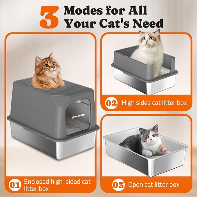 Pawtners Stainless Steel Cat Litter Box, XL Extra Large Kitty Litter Pan, Front Entry Top Exit Hooded Metal Cat Toilet for Odor Control with Removable Lid & Scoop, Anti-Leakage, Easy to Clean