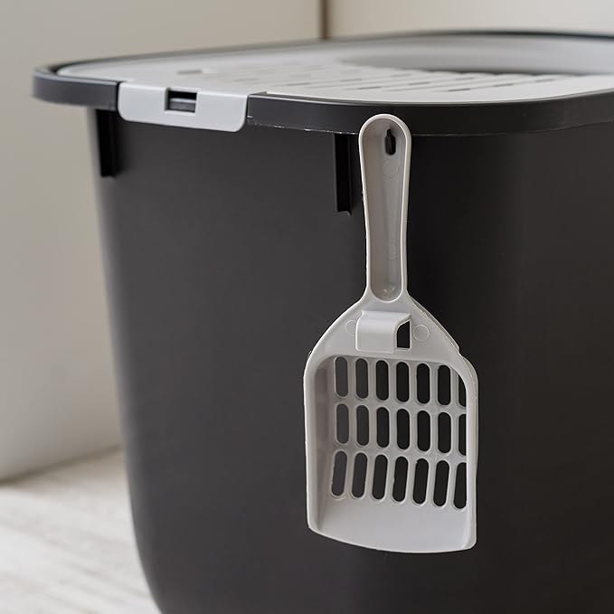 IRIS USA Cat Litter Box, Large Cat Box Enclosure, Top Entry with Litter Catching Lid, Enclosed with Scoop, Black/Gray