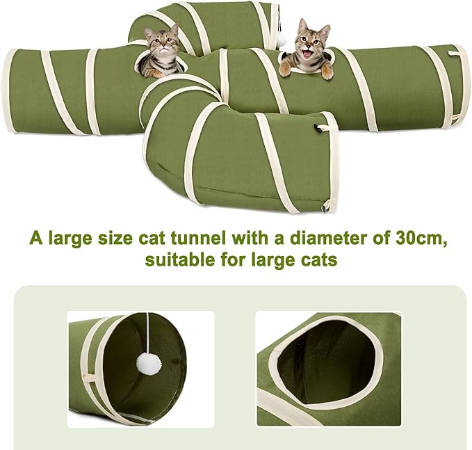 Ownpets Cat Tunnel Large 12 inch Diameter, Cactus-Shaped Cat Tunnel Toy, Sturdy Oxford Fabric Collapsible Cat Tunnels for Indoor Cats, Interactive Peek Hole Pet Tunnel Tube with Cat Wand Toy, Green