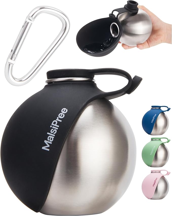 Malsipree 2-in-1 Portable Dog Water Bottle & Bowl for Small Dogs - Leak Proof & Insulating - Travel Water Dispenser - Stainless Steel Bottle & Silicone Bowl - Walking & Hiking (10 fl oz, Black)