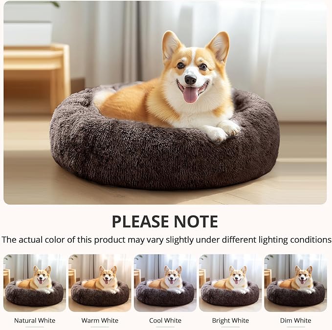 JOLLYVOGUE Calming Dog & Cat Bed for Small Dogs, Anti-Anxiety Donut Cuddler Cozy Soft Round Bed with Anti-Slip Bottom, Fluffy Faux Fur Plush Cushion Beds for Small Medium Pets (20")