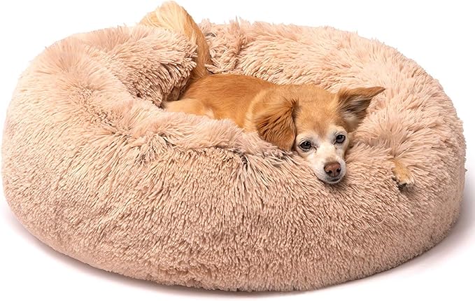 Friends Forever Donut Dog Bed Faux Fur Fluffy Calming Sofa For Small Dogs, Soft & Plush Anti Anxiety Pet Couch For Dogs, Machine Washable Coco Pet Bed with Non-Slip Bottom, 23"x23"x6" Tan