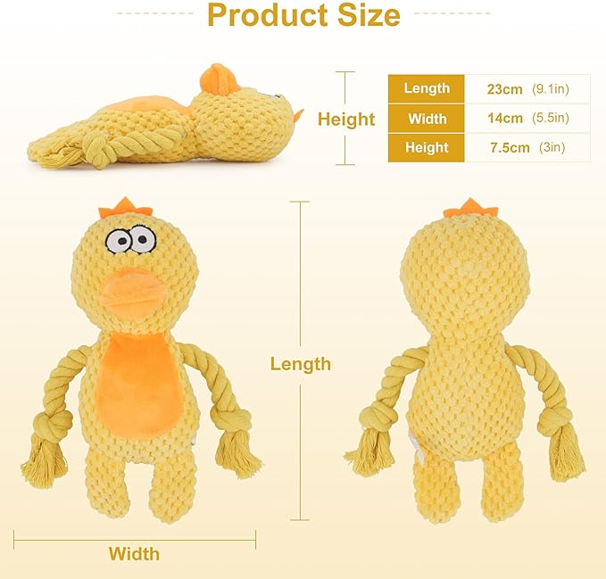 Dog Toys, Dog Squeaker Toys with Crinkle Paper, Stuffed Animal Dog Plush Chewing Toy, Cotton Rope Interactive Toys for Puppy, Small, Middle Dogs (Yellow Duck)
