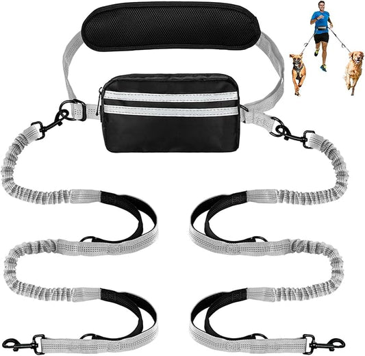 Hands Free Dog Leash with Pouch, Double Leash for Two Dogs, Retractable Bungee with Double Padded Handles, Dog Waist for Dog Walking, Running for Dogs, Dog Walking Accessories