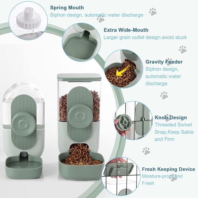 Hanging Automatic Food and Water Dispenser, Gravity Rabbit Feeder Set, Cage Cat and Bunny Food Bowl (Cage Grid Spacing Over 1.2'')