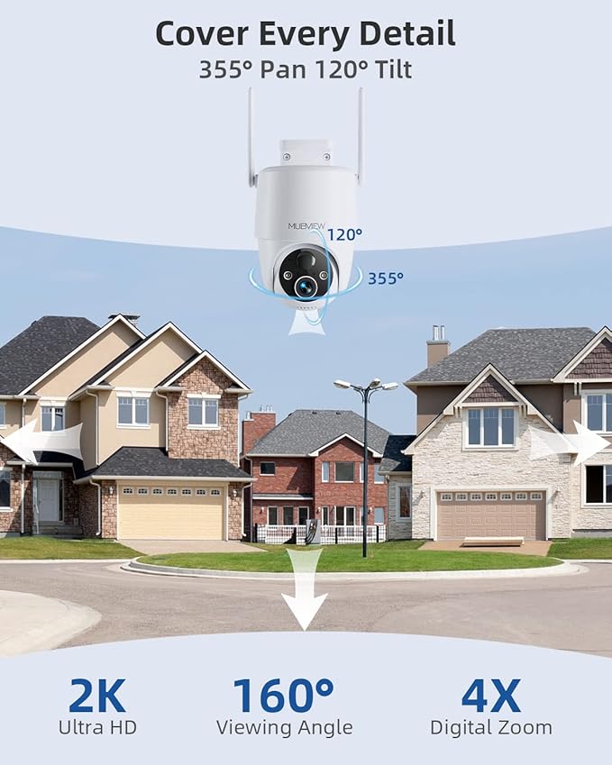 MUBVIEW Solar Security Cameras Wireless Outdoor, 2K 360° PTZ Battery Powered Outdoor Camera, 2.4Ghz WiFi Home Security Camera, Color Night Vision, Motion Detection, 2-Way Audio, Local/Cloud Storage