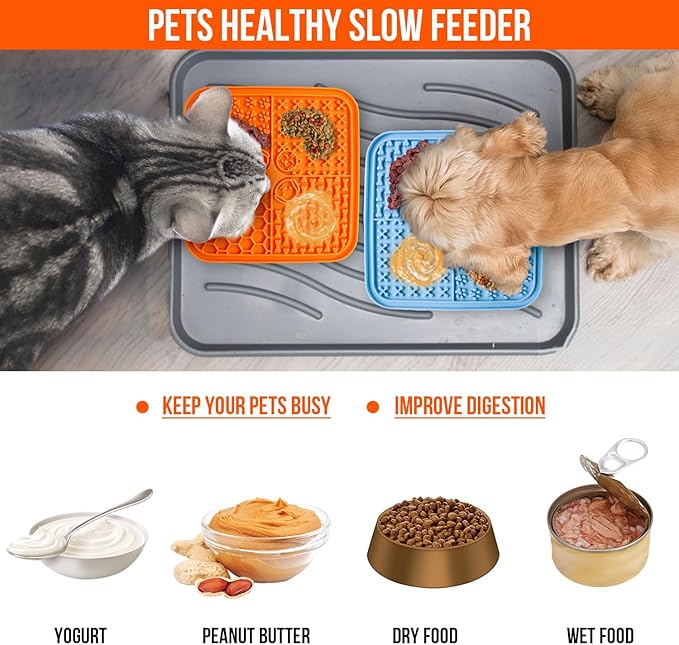 3 Pcs Licking Mat for Dogs and Cats Set, 3 Lick Mats with Suction Cups for Dog Anxiety Relief, Cat Lick Pad，3 Spoons and 3 Silicone lids for pet Canning（9 Pcs in Total）