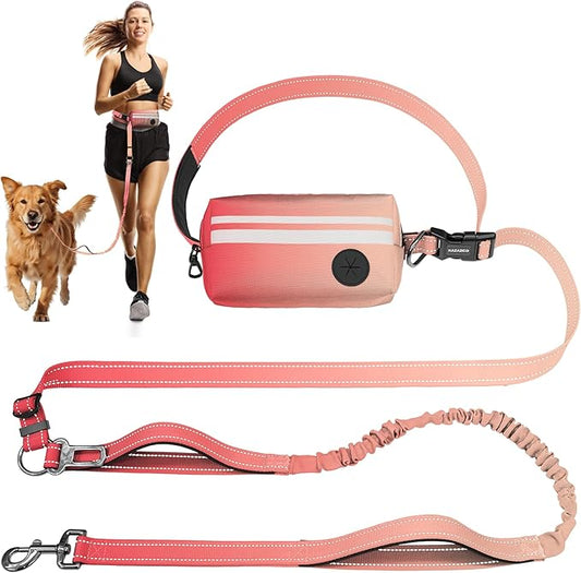 Hands Free Dog Leash with Removable Zipper Pouch, Dual Padded Handles and Durable Bungee for Walking, Jogging and Running-Orange